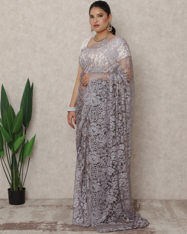 Lilac Grey Premium French Chantilly Lace Saree with Stone Work, 5.5 Mtrs Length, 110 Cms Width, Made in France-D24435