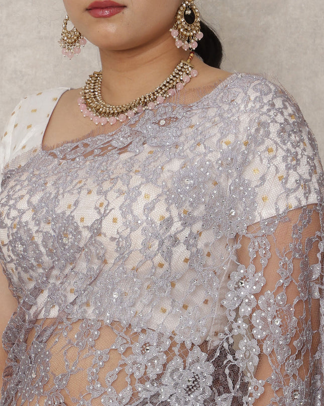 Lilac Grey Premium French Chantilly Lace Saree with Stone Work, 5.5 Mtrs Length, 110 Cms Width, Made in France-D24435