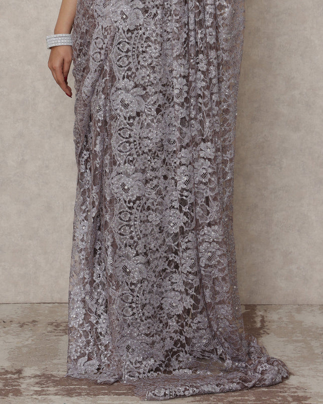 Lilac Grey Premium French Chantilly Lace Saree with Stone Work, 5.5 Mtrs Length, 110 Cms Width, Made in France-D24435