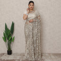 Antique Beige Premium French Chantilly Lace Saree with Stone Work, 5.5 Mtrs Length, 110 Cms Width, Made in France-D24430