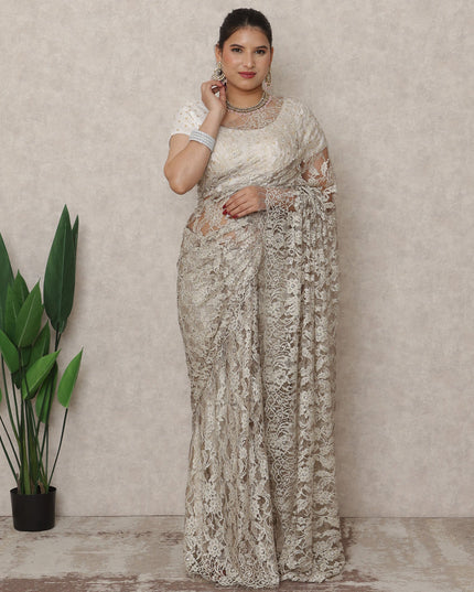 Antique Beige Premium French Chantilly Lace Saree with Stone Work, 5.5 Mtrs Length, 110 Cms Width, Made in France-D24430