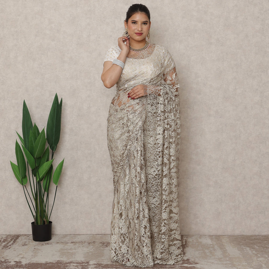 Antique Beige Premium French Chantilly Lace Saree with Stone Work, 5.5 Mtrs Length, 110 Cms Width, Made in France-D24430
