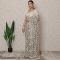 Antique Beige Premium French Chantilly Lace Saree with Stone Work, 5.5 Mtrs Length, 110 Cms Width, Made in France-D24430