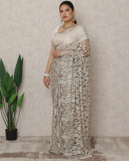 Antique Beige Premium French Chantilly Lace Saree with Stone Work, 5.5 Mtrs Length, 110 Cms Width, Made in France-D24430