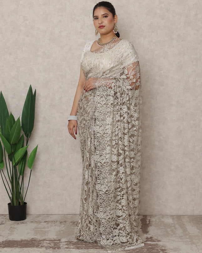 Antique Beige Premium French Chantilly Lace Saree with Stone Work, 5.5 Mtrs Length, 110 Cms Width, Made in France-D24430