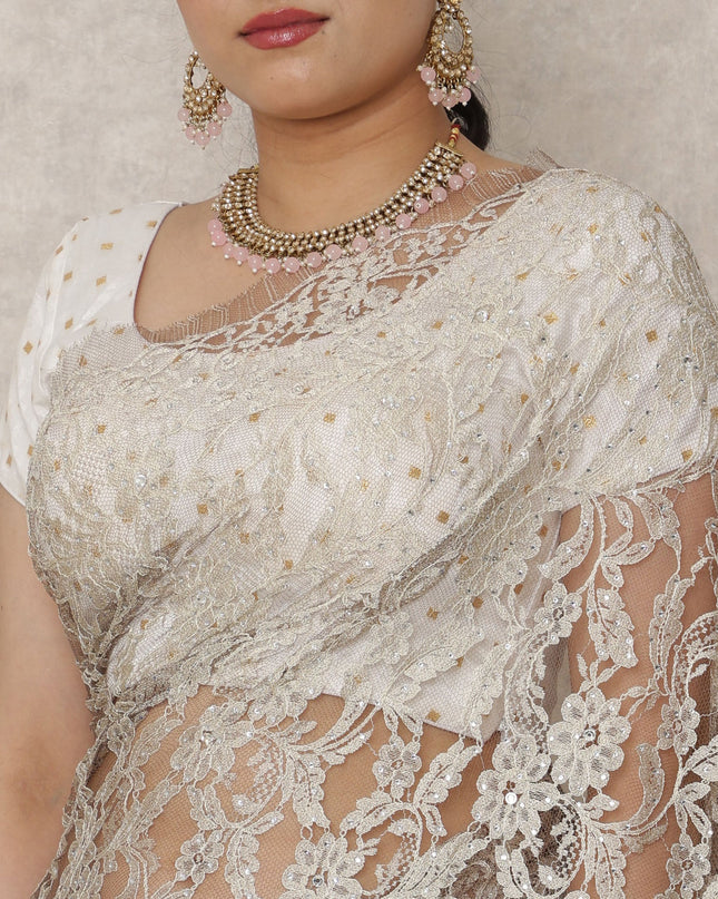 Antique Beige Premium French Chantilly Lace Saree with Stone Work, 5.5 Mtrs Length, 110 Cms Width, Made in France-D24430
