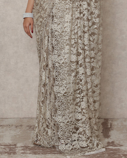 Antique Beige Premium French Chantilly Lace Saree with Stone Work, 5.5 Mtrs Length, 110 Cms Width, Made in France-D24430