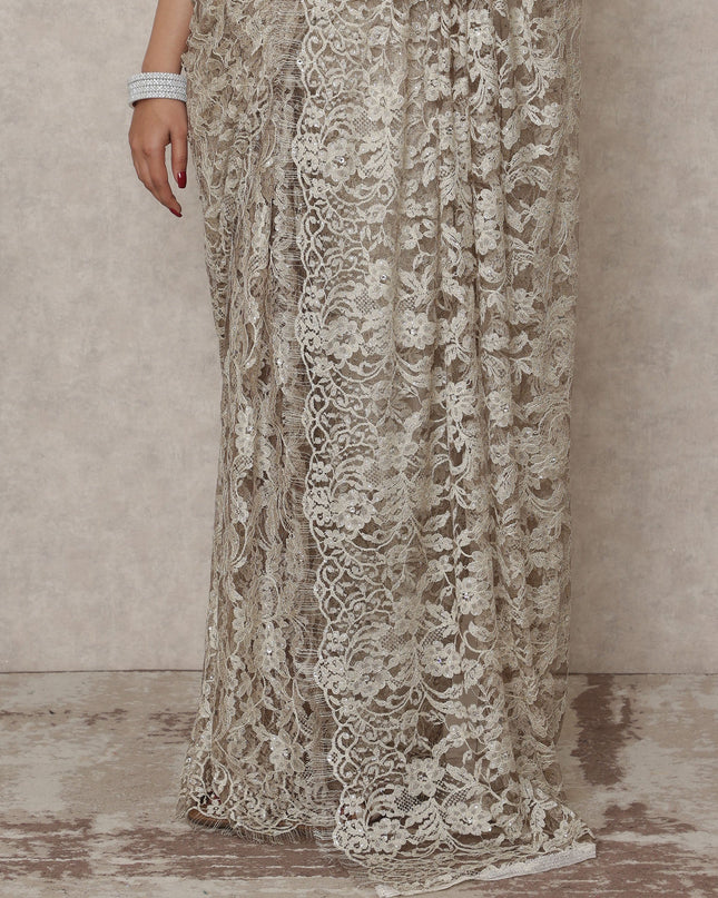 Antique Beige Premium French Chantilly Lace Saree with Stone Work, 5.5 Mtrs Length, 110 Cms Width, Made in France-D24430