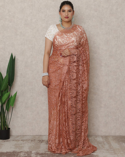 Burnt Coral Premium French Chantilly Lace Saree with Stone Work, 5.5 Mtrs Length, 110 Cms Width, Made in France-D24431