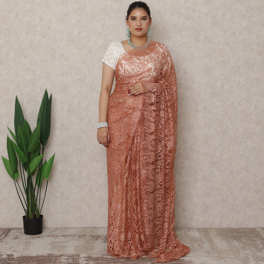 Burnt Coral Premium French Chantilly Lace Saree with Stone Work, 5.5 Mtrs Length, 110 Cms Width, Made in France-D24431
