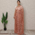Burnt Coral Premium French Chantilly Lace Saree with Stone Work, 5.5 Mtrs Length, 110 Cms Width, Made in France-D24431