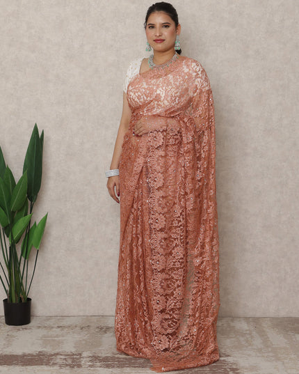 Burnt Coral Premium French Chantilly Lace Saree with Stone Work, 5.5 Mtrs Length, 110 Cms Width, Made in France-D24431
