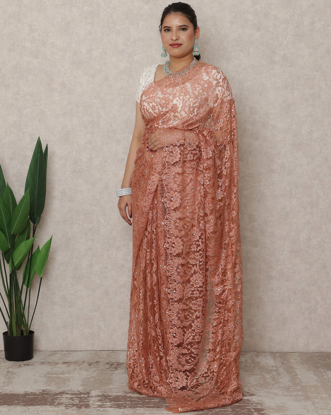 Burnt Coral Premium French Chantilly Lace Saree with Stone Work, 5.5 Mtrs Length, 110 Cms Width, Made in France-D24431