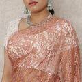 Burnt Coral Premium French Chantilly Lace Saree with Stone Work, 5.5 Mtrs Length, 110 Cms Width, Made in France-D24431