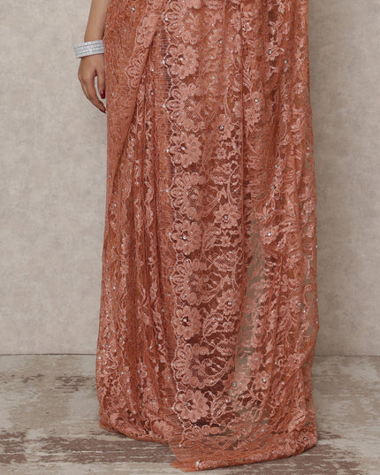 Burnt Coral Premium French Chantilly Lace Saree with Stone Work, 5.5 Mtrs Length, 110 Cms Width, Made in France-D24431