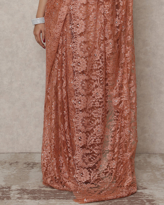 Burnt Coral Premium French Chantilly Lace Saree with Stone Work, 5.5 Mtrs Length, 110 Cms Width, Made in France-D24431