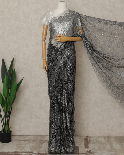 Black, Silver Premium French Metallic Chantilly Lace Saree with Stone Work, 5.5 Mtrs Length, 110 Cms Width, Crafted in France-Blouse Not Included-D26676