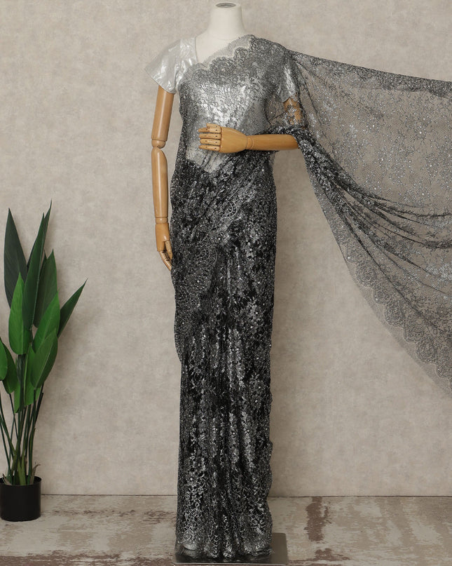 Black, Silver Premium French Metallic Chantilly Lace Saree with Stone Work, 5.5 Mtrs Length, 110 Cms Width, Crafted in France-Blouse Not Included-D26676