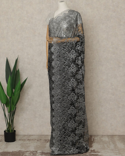 Black, Silver Premium French Metallic Chantilly Lace Saree with Stone Work, 5.5 Mtrs Length, 110 Cms Width, Crafted in France-Blouse Not Included-D26676