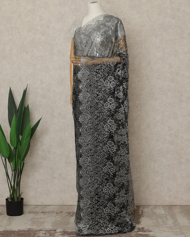 Black, Silver Premium French Metallic Chantilly Lace Saree with Stone Work, 5.5 Mtrs Length, 110 Cms Width, Crafted in France-Blouse Not Included-D26676