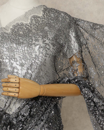 Black, Silver Premium French Metallic Chantilly Lace Saree with Stone Work, 5.5 Mtrs Length, 110 Cms Width, Crafted in France-Blouse Not Included-D26676
