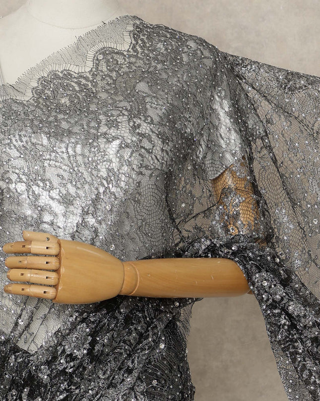 Black, Silver Premium French Metallic Chantilly Lace Saree with Stone Work, 5.5 Mtrs Length, 110 Cms Width, Crafted in France-Blouse Not Included-D26676