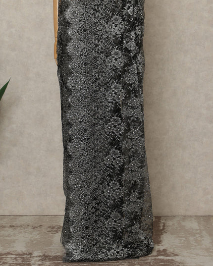 Black, Silver Premium French Metallic Chantilly Lace Saree with Stone Work, 5.5 Mtrs Length, 110 Cms Width, Crafted in France-Blouse Not Included-D26676