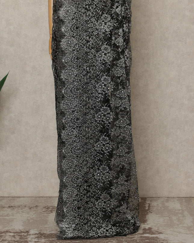 Black, Silver Premium French Metallic Chantilly Lace Saree with Stone Work, 5.5 Mtrs Length, 110 Cms Width, Crafted in France-Blouse Not Included-D26676