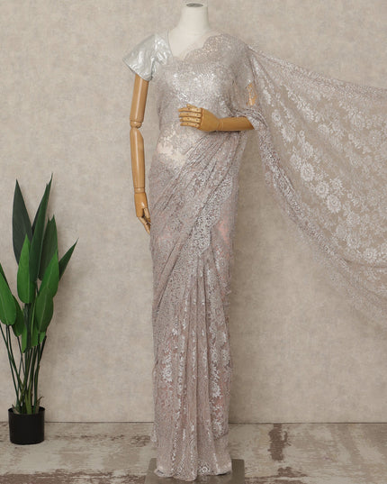 Dusty Pink Premium French Metallic Chantilly Lace Saree with Stone Work, 5.5 Mtrs Length, 110 Cms Width, Crafted in France-Blouse Not Included-D26681