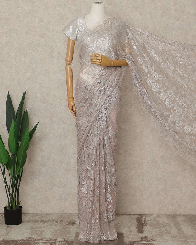 Dusty Pink Premium French Metallic Chantilly Lace Saree with Stone Work, 5.5 Mtrs Length, 110 Cms Width, Crafted in France-Blouse Not Included-D26681
