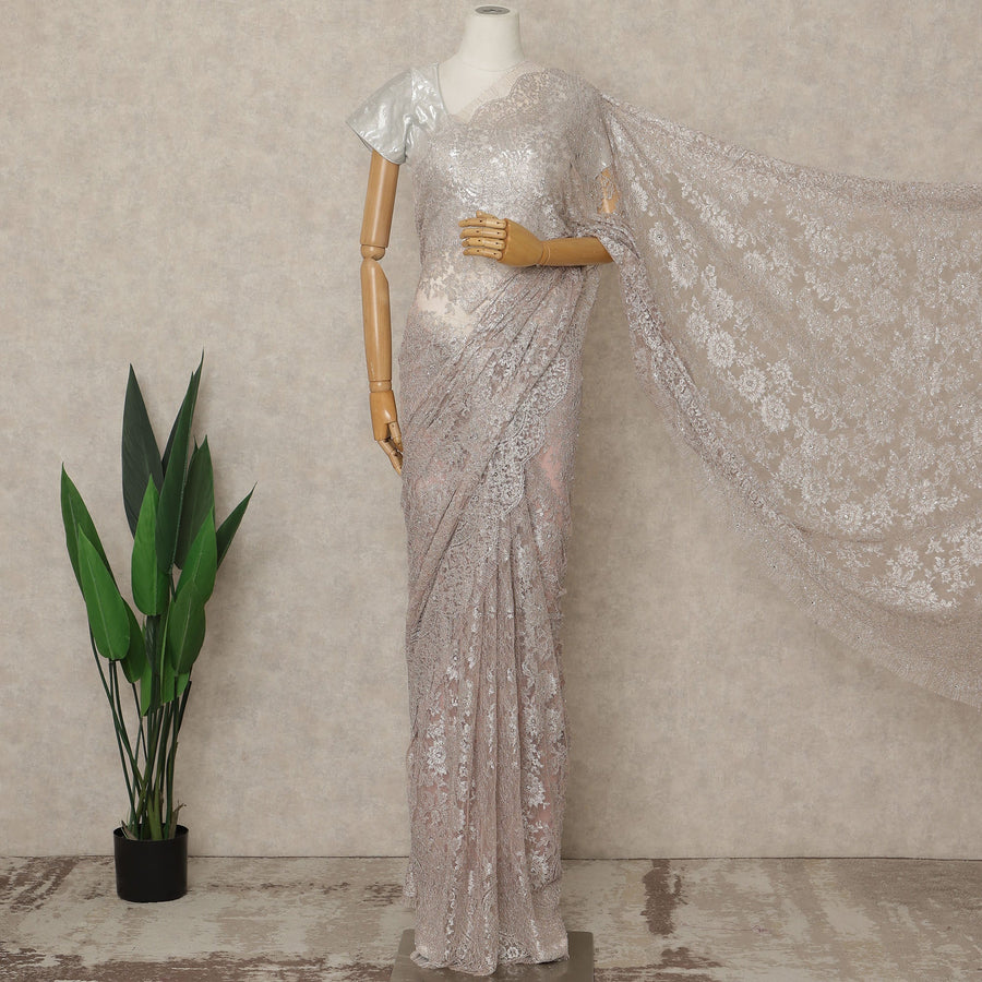 Dusty Pink Premium French Metallic Chantilly Lace Saree with Stone Work, 5.5 Mtrs Length, 110 Cms Width, Crafted in France-Blouse Not Included-D26681