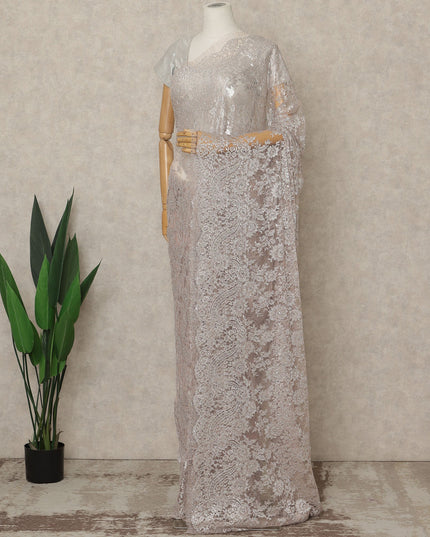 Dusty Pink Premium French Metallic Chantilly Lace Saree with Stone Work, 5.5 Mtrs Length, 110 Cms Width, Crafted in France-Blouse Not Included-D26681