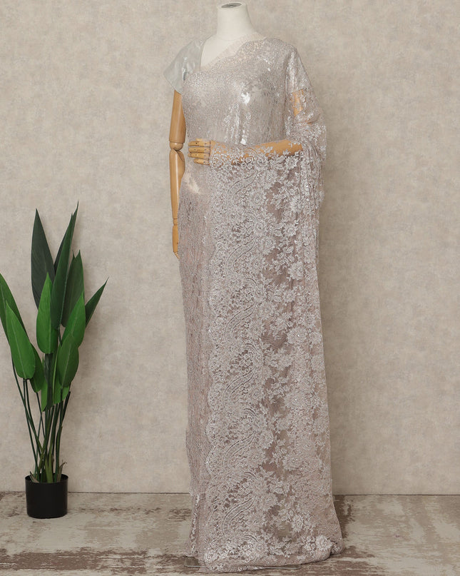 Dusty Pink Premium French Metallic Chantilly Lace Saree with Stone Work, 5.5 Mtrs Length, 110 Cms Width, Crafted in France-Blouse Not Included-D26681