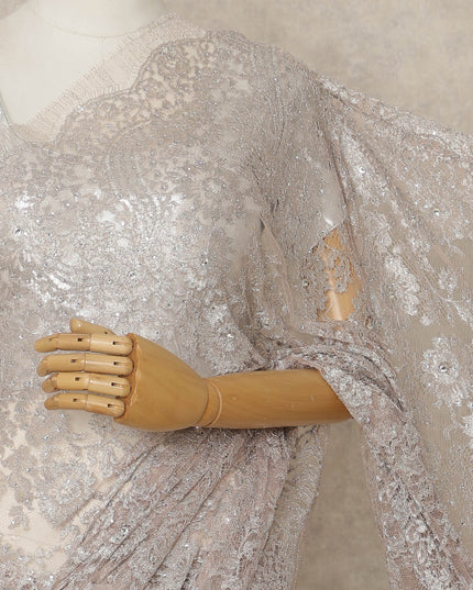 Dusty Pink Premium French Metallic Chantilly Lace Saree with Stone Work, 5.5 Mtrs Length, 110 Cms Width, Crafted in France-Blouse Not Included-D26681