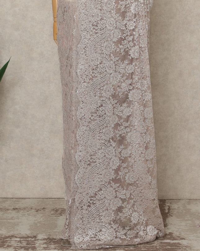 Dusty Pink Premium French Metallic Chantilly Lace Saree with Stone Work, 5.5 Mtrs Length, 110 Cms Width, Crafted in France-Blouse Not Included-D26681