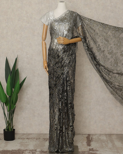 Charcoal Black Premium French Metallic Chantilly Lace Saree with Stone Work, 5.5 Mtrs Length, 110 Cms Width, Crafted in France-Blouse Not Included-D26682 - Regal Fabrics