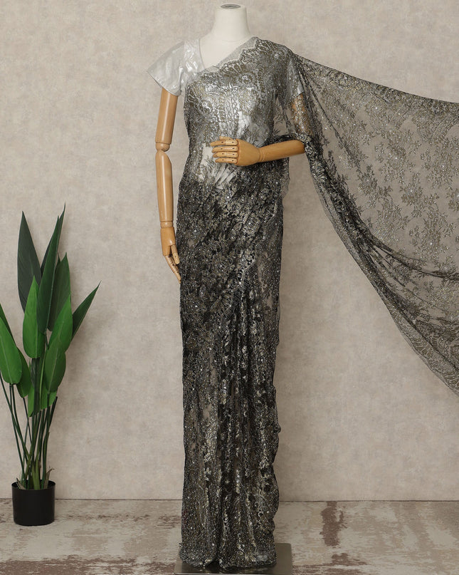 Charcoal Black Premium French Metallic Chantilly Lace Saree with Stone Work, 5.5 Mtrs Length, 110 Cms Width, Crafted in France-Blouse Not Included-D26682
