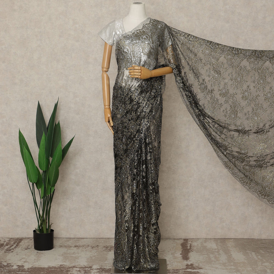 Charcoal Black Premium French Metallic Chantilly Lace Saree with Stone Work, 5.5 Mtrs Length, 110 Cms Width, Crafted in France-Blouse Not Included-D26682 - Regal Fabrics