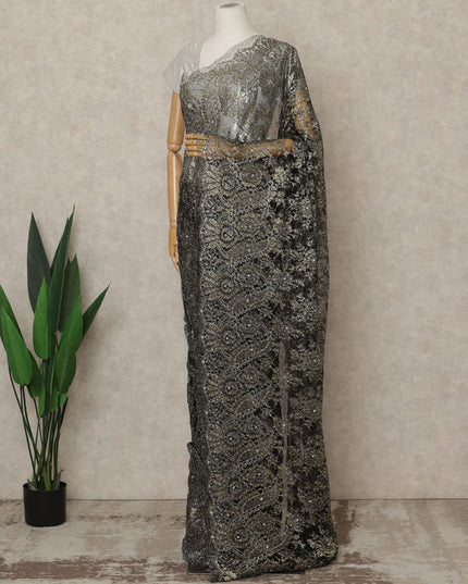 Charcoal Black Premium French Metallic Chantilly Lace Saree with Stone Work, 5.5 Mtrs Length, 110 Cms Width, Crafted in France-Blouse Not Included-D26682 - Regal Fabrics