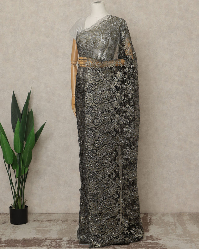 Charcoal Black Premium French Metallic Chantilly Lace Saree with Stone Work, 5.5 Mtrs Length, 110 Cms Width, Crafted in France-Blouse Not Included-D26682