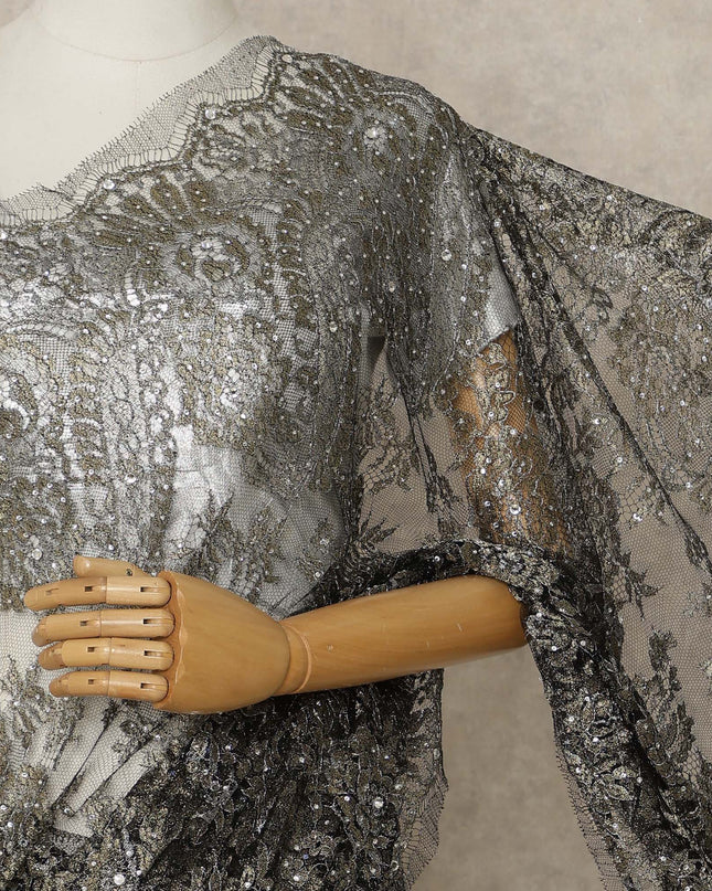 Charcoal Black Premium French Metallic Chantilly Lace Saree with Stone Work, 5.5 Mtrs Length, 110 Cms Width, Crafted in France-Blouse Not Included-D26682