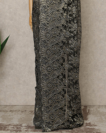 Charcoal Black Premium French Metallic Chantilly Lace Saree with Stone Work, 5.5 Mtrs Length, 110 Cms Width, Crafted in France-Blouse Not Included-D26682 - Regal Fabrics