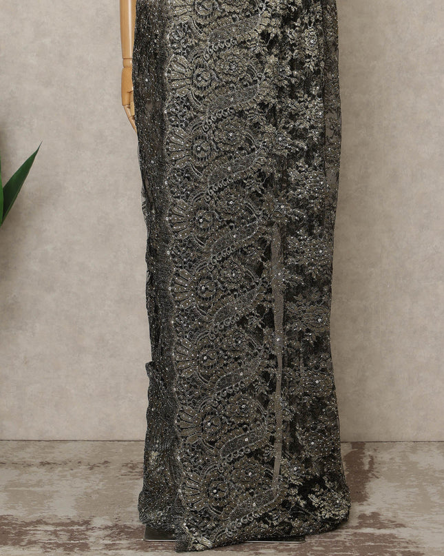 Charcoal Black Premium French Metallic Chantilly Lace Saree with Stone Work, 5.5 Mtrs Length, 110 Cms Width, Crafted in France-Blouse Not Included-D26682