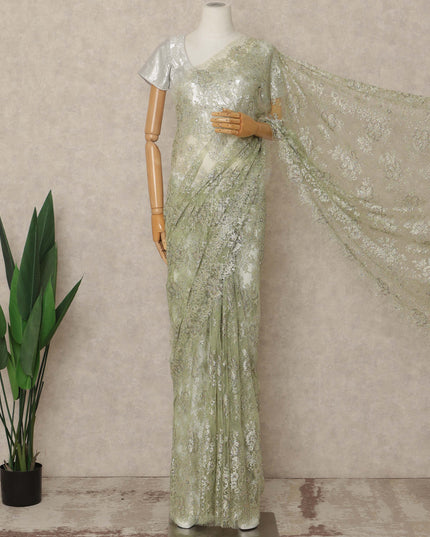 Sage Green Premium French Metallic Chantilly Saree Lace With Stone Work 5.5 Mtrs Length 110 Cms Width Designer Net Fabric Made In France, Blouse Not Included-D28140