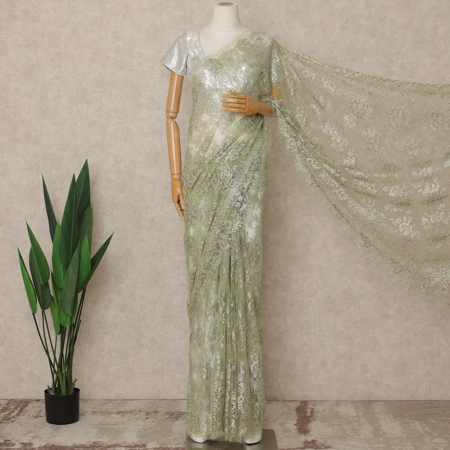 Sage Green Premium French Metallic Chantilly Saree Lace With Stone Work 5.5 Mtrs Length 110 Cms Width Designer Net Fabric Made In France, Blouse Not Included-D28140