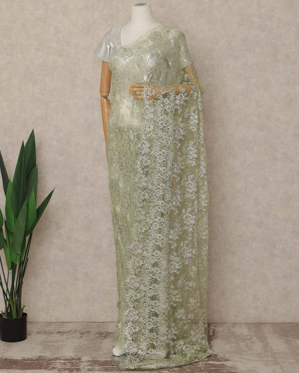 Sage Green Premium French Metallic Chantilly Saree Lace With Stone Work 5.5 Mtrs Length 110 Cms Width Designer Net Fabric Made In France, Blouse Not Included-D28140