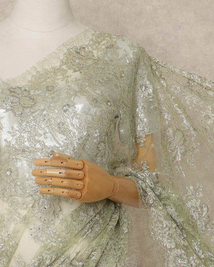 Sage Green Premium French Metallic Chantilly Saree Lace With Stone Work 5.5 Mtrs Length 110 Cms Width Designer Net Fabric Made In France, Blouse Not Included-D28140