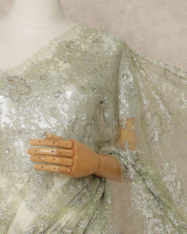 Sage Green Premium French Metallic Chantilly Saree Lace With Stone Work 5.5 Mtrs Length 110 Cms Width Designer Net Fabric Made In France, Blouse Not Included-D28140