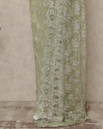 Sage Green Premium French Metallic Chantilly Saree Lace With Stone Work 5.5 Mtrs Length 110 Cms Width Designer Net Fabric Made In France, Blouse Not Included-D28140