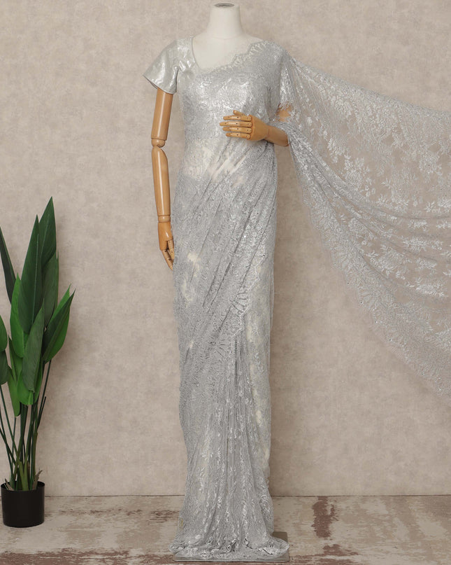 Silver Premium French Metallic Chantilly Saree Lace With Stone Work 5.5 Mtrs Length 110 Cms Width Designer Net Fabric Made In France, Blouse Not Included-D28137